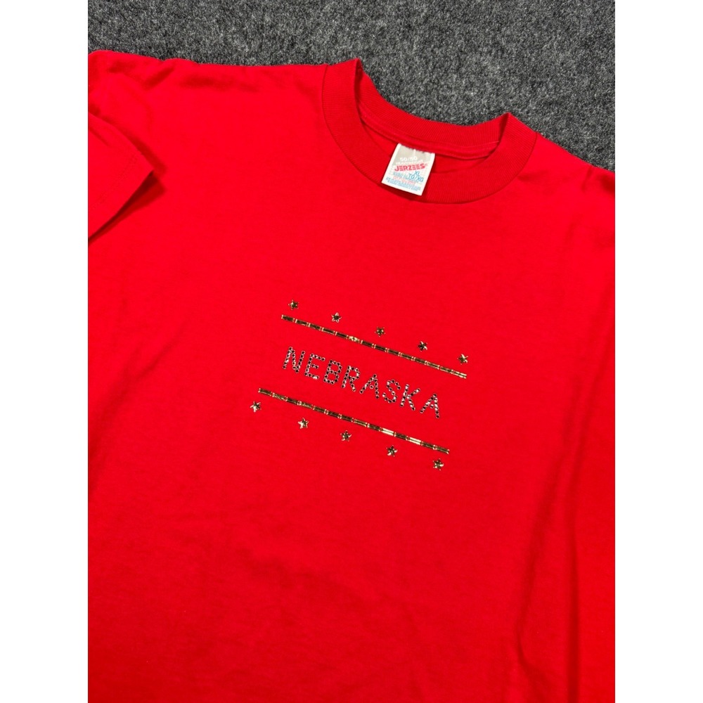 VTG Nebraska T Shirt Womens XL Red Rhinestone Bling Made USA Jerzees 90s